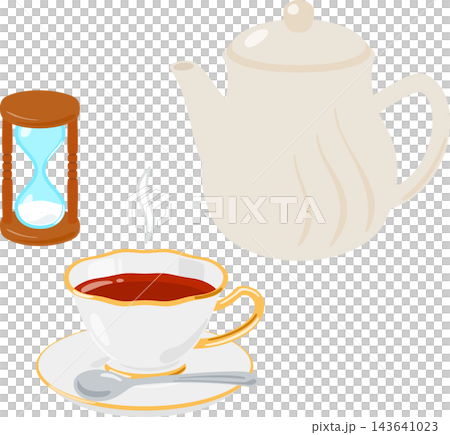 ティーポットと砂時計とお茶を注いだティーカップ ティーポットと砂時計とお茶を注いだティーカップ 143641023