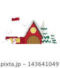 Red wooden cabin with snowman and snowy pine trees 143641049
