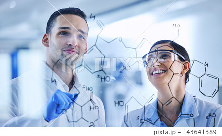 Team, science and glass board for chemistry molecule, research development and medical solution innovation. Brainstorming, scientist and happy people with formula idea to study atom in laboratory 143641389