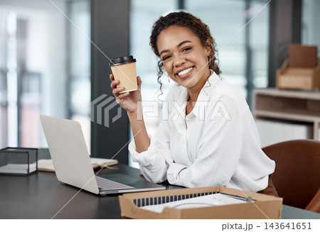Portrait, laptop and business woman drinking coffee at desk for software development in creative startup office. Face, tea and happy professional on computer, entrepreneur or web developer in Brazil Portrait, laptop and business woman drinking coffee at desk for software development in creative startup office. Face, tea and happy professional on computer, entrepreneur or web developer in Brazil 143641651