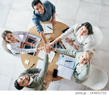 Office, support and hands of business people by above for motivation, community and trust for teamwork. Employees, diversity and collaboration for corporate, partnership and agreement in solidarity 143641710