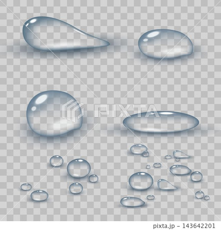 Realistic water drops in various shapes and sizes showing transparency and reflections Realistic water drops in various shapes and sizes showing transparency and reflections 143642201