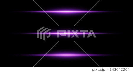 Purple light beams creating an abstract optical flare effect on a black background 143642204