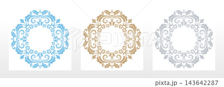 Set of decorative frames Elegant vector element for design in Eastern style, place for text. Floral colored frames. Lace illustration for invitations and greeting cards Set of decorative frames Elegant vector element for design in Eastern style, place for text. Floral colored frames. Lace illustration for invitations and greeting cards 143642287