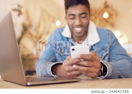 Happy man, laptop and smartphone in cafe for social media, communication or networking. Online, notification and hands of person with mobile for browsing internet, digital update or lunch break 143642388