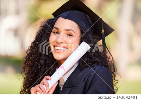 Portrait, woman and scroll for success of graduation achievement, celebration and diploma award for studying education. Happy, student and university event for academic certificate of future career 143642401