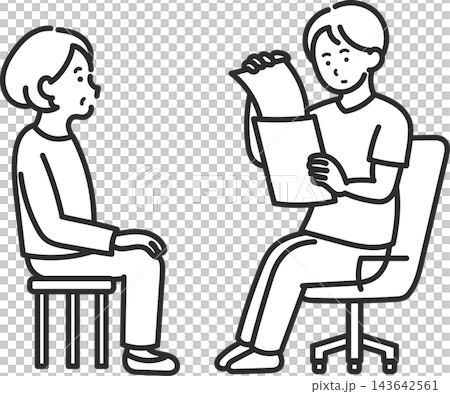 醫生在體檢時檢查病人文件的插圖(僅線條畫)。 醫生在體檢時檢查病人文件的插圖(僅線條畫)。 143642561