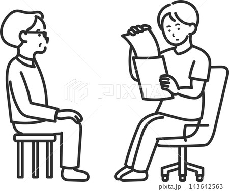 診察で患者の書類を確認する医師のイラスト　線画のみ 143642563