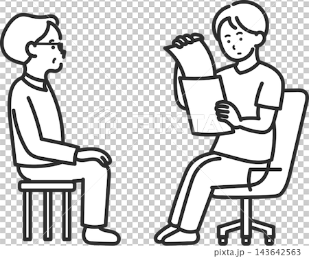 醫生在體檢時檢查病人文件的插圖(僅線條畫)。 醫生在體檢時檢查病人文件的插圖(僅線條畫)。 143642563