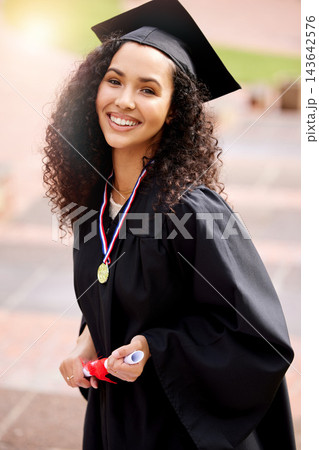 Woman, graduation and celebrate with medal and portrait, diploma and happy student for university. Prize, scholar and robe with mortar for degree, achievement and female person with certificate Woman, graduation and celebrate with medal and portrait, diploma and happy student for university. Prize, scholar and robe with mortar for degree, achievement and female person with certificate 143642576