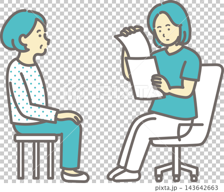 An illustration of a doctor checking a patient's documents during a medical examination. An illustration of a doctor checking a patient's documents during a medical examination. 143642663