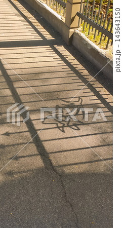 A spiked metal fence casts a linear shadow on a paved walkway. 143643150