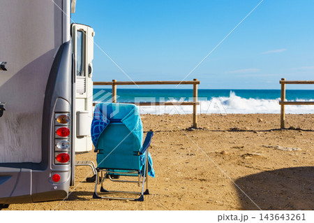 Rv motorhome camping on beach Rv motorhome camping on beach 143643261