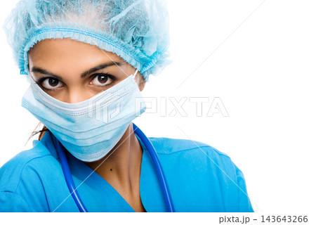 Ppe, woman or surgeon in portrait with mask on in studio white background for healthcare and protection. Hygiene, female person and medical safety on mockup against isolated backdrop with hair net 143643266