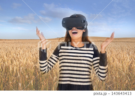 VR, woman and grass field for digital video game, metaverse and futuristic travel in nature. Technology, virtual and streaming for gamer person, hobby and internet for 3d augmented reality experience VR, woman and grass field for digital video game, metaverse and futuristic travel in nature. Technology, virtual and streaming for gamer person, hobby and internet for 3d augmented reality experience 143643413