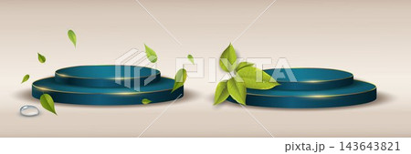 Circular blue display podiums presenting natural, organic, and eco friendly product concepts Circular blue display podiums presenting natural, organic, and eco friendly product concepts 143643821
