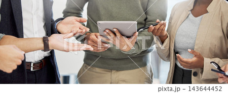 Startup, tablet or hands of business people in discussion or meeting for paperwork, review or partnership. Collaboration, staff or designers speaking of teamwork, project or planning in conversation 143644452