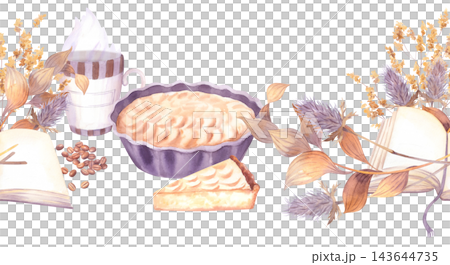Watercolor still life of baked tart with slice, steaming mug, coffee beans, open books, and dried floral arrangement, cozy autumn tabletop composition Watercolor still life of baked tart with slice, steaming mug, coffee beans, open books, and dried floral arrangement, cozy autumn tabletop composition 143644735