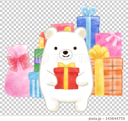 Watercolor illustration of a polar bear holding a gift Watercolor illustration of a polar bear holding a gift 143644759