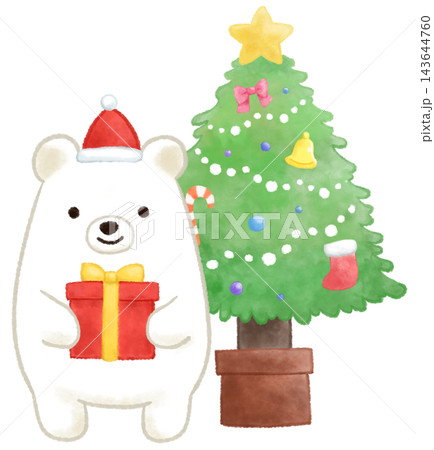 クリスマスツリーとプレゼントを持つしろくまサンタの水彩風イラスト クリスマスツリーとプレゼントを持つしろくまサンタの水彩風イラスト 143644760