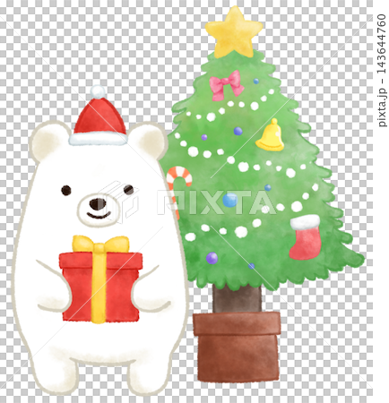 クリスマスツリーとプレゼントを持つしろくまサンタの水彩風イラスト クリスマスツリーとプレゼントを持つしろくまサンタの水彩風イラスト 143644760