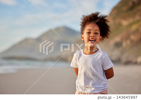 Girl, child and smile with portrait on beach for outdoor fun, travel and tourism on vacation for summer break of semester. Female kid, mock up and carefree on holiday in Australia for sunny adventure Girl, child and smile with portrait on beach for outdoor fun, travel and tourism on vacation for summer break of semester. Female kid, mock up and carefree on holiday in Australia for sunny adventure 143645997