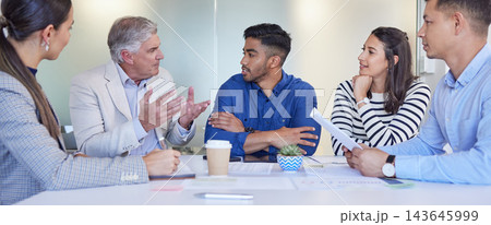 Business meeting, tablet and people in office with teamwork, collaboration or partnership for work. Executive, advice and corporate investment idea for digital transformation, merger or market growth 143645999