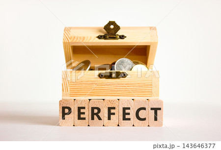 Perfect word symbol. Concept word Perfect on beautiful wooden blocks. Beautiful white table white background. Wooden chest with coins. Business perfect word concept. Copy space. Perfect word symbol. Concept word Perfect on beautiful wooden blocks. Beautiful white table white background. Wooden chest with coins. Business perfect word concept. Copy space. 143646377