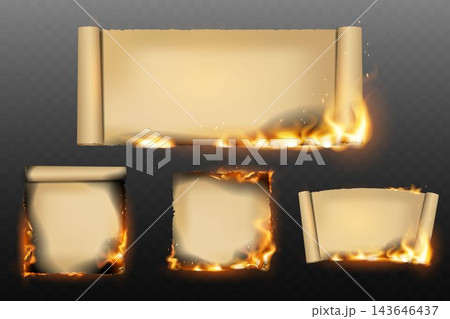 Old burning paper scrolls and sheets with fire and embers on a transparent background 143646437