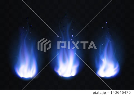 Three blue burning gas flames on a transparent background creating light and heat Three blue burning gas flames on a transparent background creating light and heat 143646470