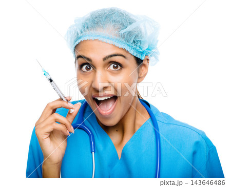 Wow, portrait and woman doctor with needle, injection and plastic surgeon on white studio background. Omg, expression and medical professional person, healthcare or dermatology for skincare or beauty 143646486
