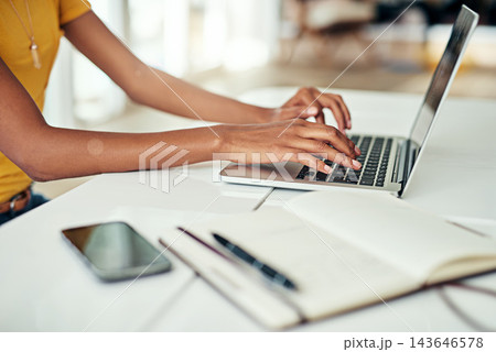 Woman, hands and email on laptop in office for typing or communication, task management and spreadsheet for time tracking. Business, entry and report or document for productivity and deadline. Woman, hands and email on laptop in office for typing or communication, task management and spreadsheet for time tracking. Business, entry and report or document for productivity and deadline. 143646578