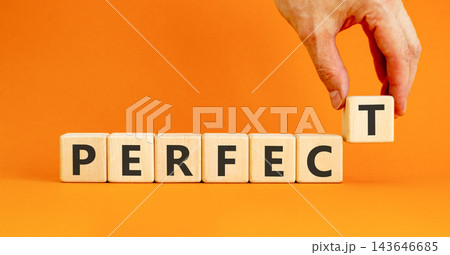 Perfect word symbol. Concept word Perfect on beautiful wooden blocks. Beautiful orange table orange background. Businessman hand. Business perfect word concept. Copy space. Perfect word symbol. Concept word Perfect on beautiful wooden blocks. Beautiful orange table orange background. Businessman hand. Business perfect word concept. Copy space. 143646685