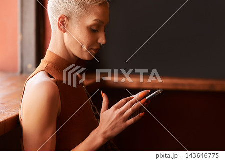 Coffee shop, internet and woman with phone in cafe for social media, networking and online. Cafeteria, restaurant and person on smartphone for typing message, chatting and browse website for contact 143646775