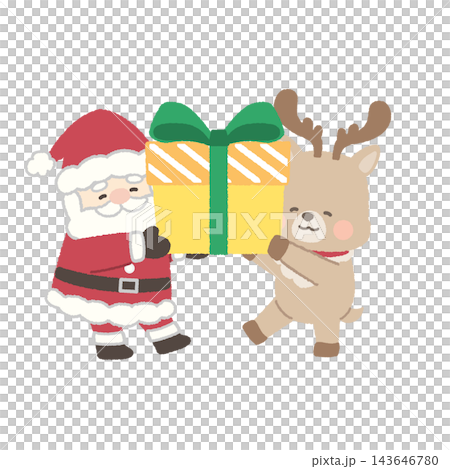 Santa and his reindeer carrying a big present Santa and his reindeer carrying a big present 143646780