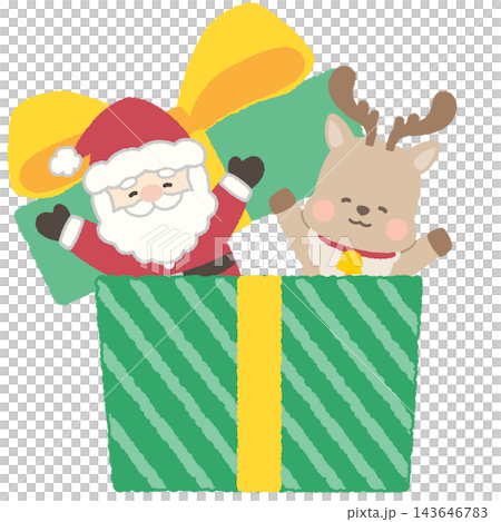 Santa and reindeer peeking out from a giant present Santa and reindeer peeking out from a giant present 143646783