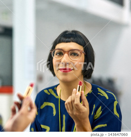 Makeup, smile and woman with lipstick by mirror for cosmetics, glamour and preparation in morning. Female person, reflection and getting ready at home for beauty, satisfaction and start of day Makeup, smile and woman with lipstick by mirror for cosmetics, glamour and preparation in morning. Female person, reflection and getting ready at home for beauty, satisfaction and start of day 143647060