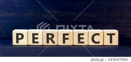 Perfect word symbol. Concept word Perfect on beautiful wooden blocks. Beautiful black table black background. Business perfect word concept. Copy space. Perfect word symbol. Concept word Perfect on beautiful wooden blocks. Beautiful black table black background. Business perfect word concept. Copy space. 143647064