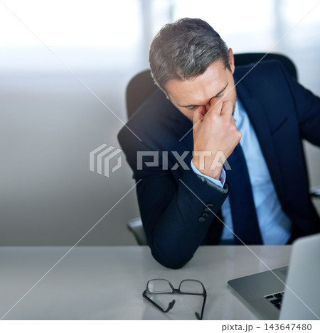 Stress, laptop and businessman in office at desk with mistake for online error, glitch and proposal fail. Corporate, company risk and upset person on computer with burnout, frustrated and headache 143647480