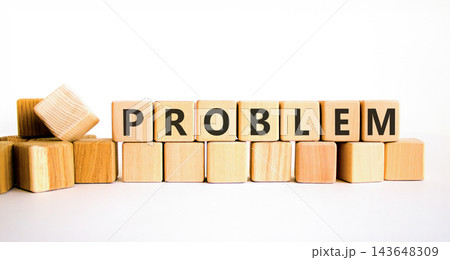 Problem word symbol. Concept word Problem on beautiful wooden blocks. Beautiful white table white background. Business problem word concept. Copy space. Problem word symbol. Concept word Problem on beautiful wooden blocks. Beautiful white table white background. Business problem word concept. Copy space. 143648309