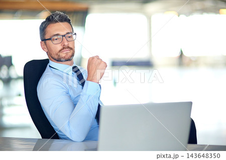 Laptop, mature and business man in office for research, website and internet for stock trading news. Corporate, professional and person on computer working on online project, finance report or review 143648350