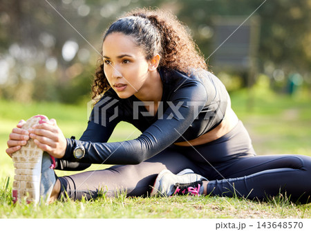 Fitness, nature and woman stretching leg on floor for running challenge, marathon training or morning cardio. Runner, warm up and athlete getting ready for workout, exercise or sport activity in park Fitness, nature and woman stretching leg on floor for running challenge, marathon training or morning cardio. Runner, warm up and athlete getting ready for workout, exercise or sport activity in park 143648570