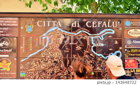 Cefalu, Italy. 22 August 2026. Urban landscape. Sign with the inscription: Citta di Cefalu Cefalu, Italy. 22 August 2026. Urban landscape. Sign with the inscription: Citta di Cefalu 143648722