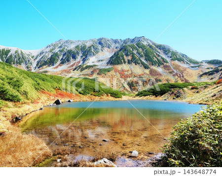 富山県　みどりが池から見る紅葉の立山連峰　10月 143648774