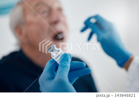 Man, hands and vial with elderly patient for checkup, exam or healthcare swab test at hospital for vaccine. Medical professional, senior person and protection for sick guy for covid at clinic 143648821