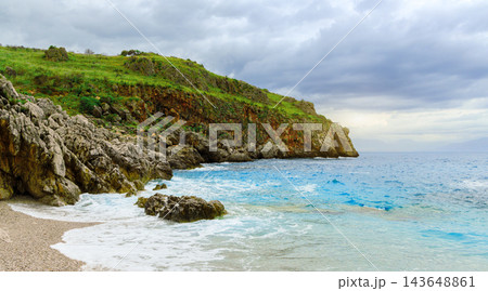panoramic sea shore line landscape stormy weather time scenic overcast atmosphere panoramic sea shore line landscape stormy weather time scenic overcast atmosphere 143648861