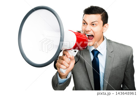 Megaphone, protest and shouting with business man in studio isolated on white background for rally. Bullhorn, politics and announcement of corporate professional in suit at march for employee rights Megaphone, protest and shouting with business man in studio isolated on white background for rally. Bullhorn, politics and announcement of corporate professional in suit at march for employee rights 143648961