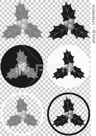 Holly icon illustration complete set of variations / Christmas materials including standard, round background, and circular frame. Holly icon illustration complete set of variations / Christmas materials including standard, round background, and circular frame. 143649019