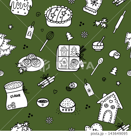 Christmas seamless pattern with black and white doodle baking elements on a green background 143649095