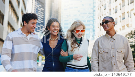 Friends, group and fashion in city with laugh in outdoor with travel for journey in urban town. Diversity, happy and gen z with students or people on holiday in New York for adventure in street. 143649177